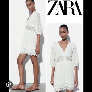 NWT Zara White Ramie Embroidered Mini Dress, Size SM